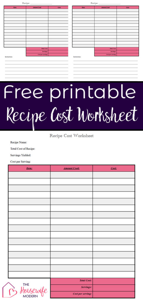 Pin image for free printable recipe cost worksheets