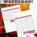 Featured image for free printable recipe cost worksheet. Food in background, preview of 2 worksheets, text overlay.