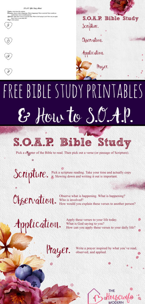 Pin image for SOAP Bible study free printable. Preview of all three pages with purple overlay.
