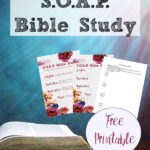 Pin image for SOAP Bible study free printable. Preview of three images, bible in background.