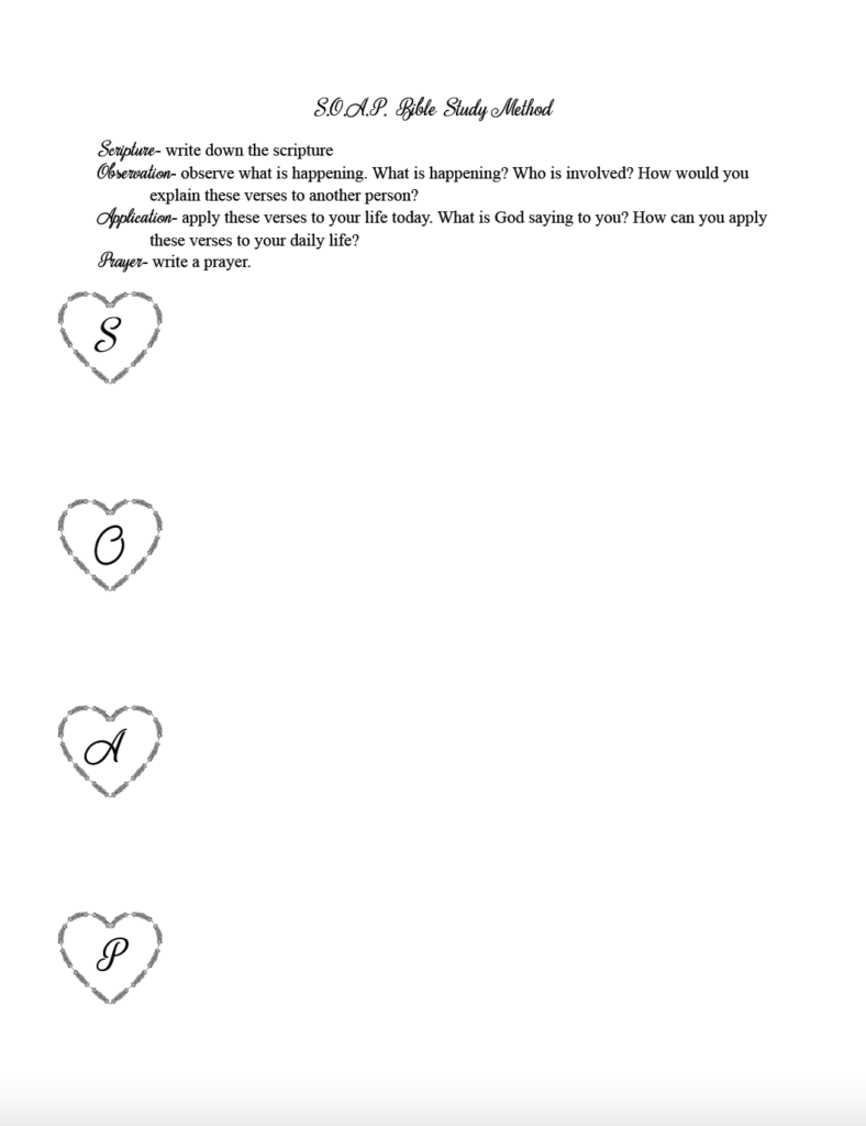 SOAP Bible study sheet. Black and white.