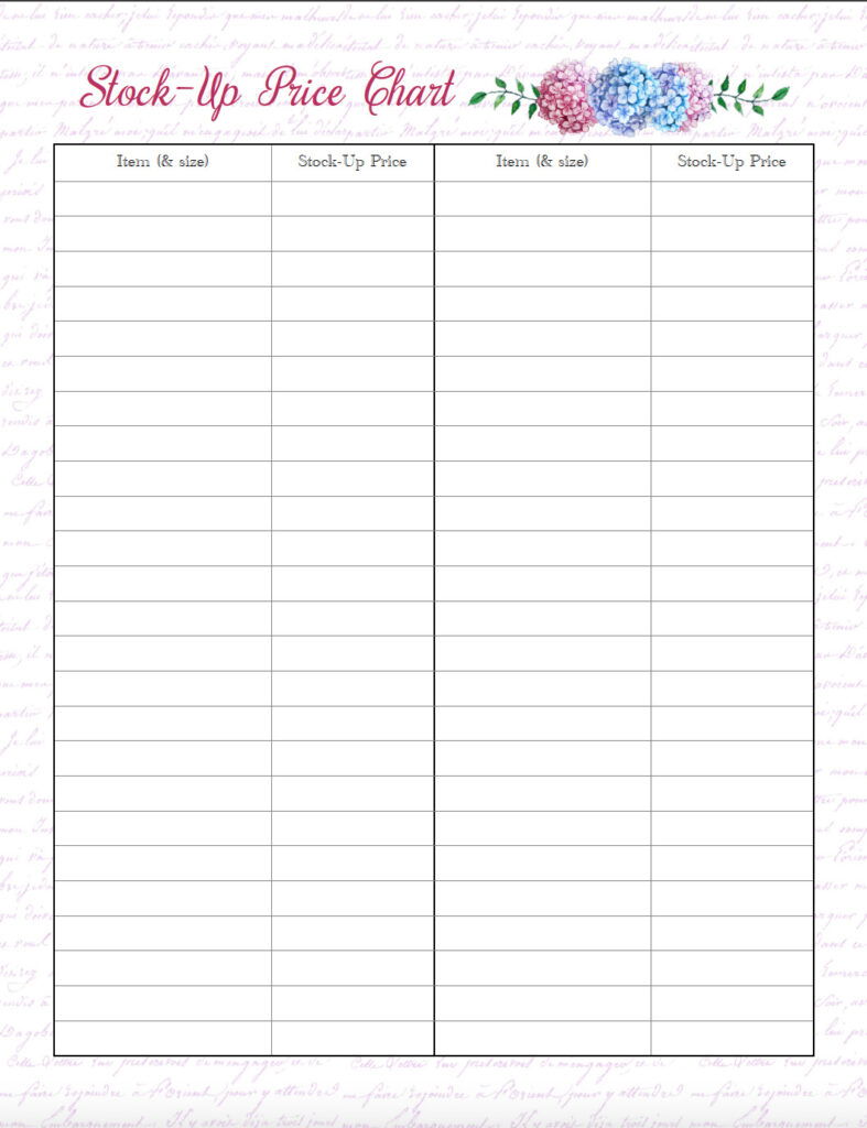 Free printable stock-up price chart