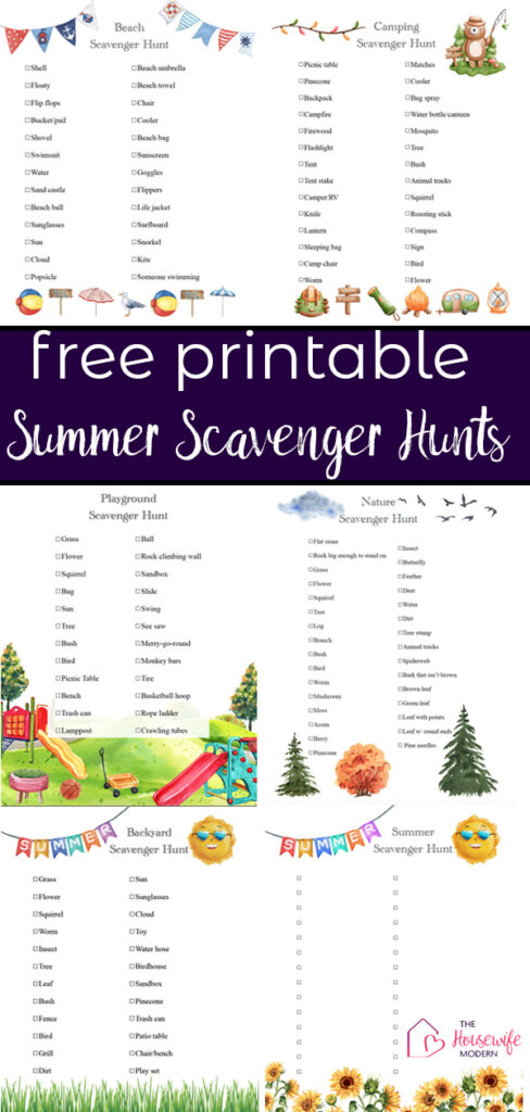 Pin image for free printable summer scavenger hunt. Preview of all 6 hunts.