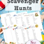 Pin image for free printable summer scavenger hunt on top of blue boards with beach stuff.