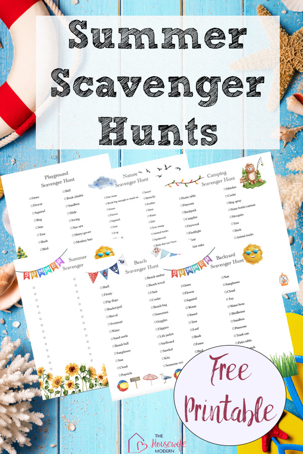 Pin image for free printable summer scavenger hunt on top of blue boards with beach stuff.
