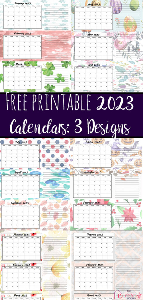Pin image for free printable 2023 quarterly calendars. Preview of all 3 designs with text overlay.