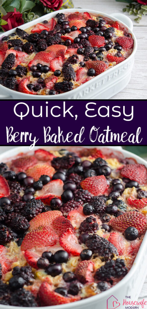 Pin image for triple berry baked oatmeal. Two images of oatmeal with text overlay.