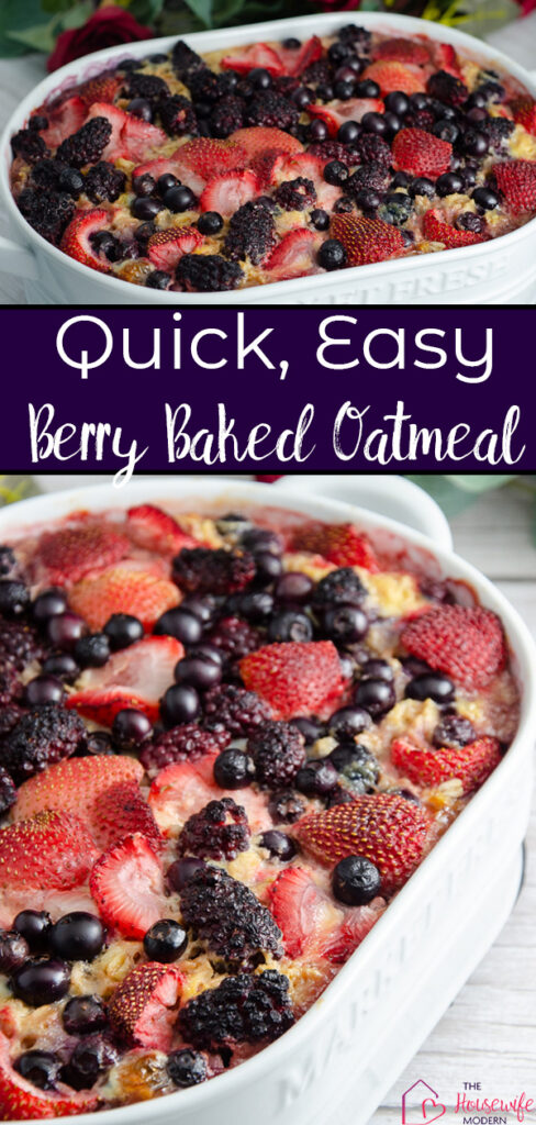 Pin image for triple berry baked oatmeal. Two images of oatmeal with text overlay.