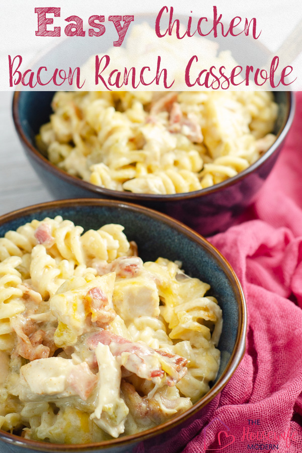 Pin image for chicken bacon ranch casserole. Two dark blue stoneware bowls of casserole with red cheesecloth on side.