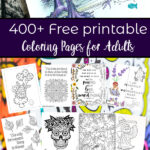 Pin image for free printable coloring pages for adults. Coloring page in background, preview of pages on top, text overlay.