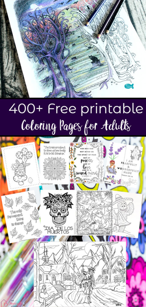 Pin image for free printable coloring pages for adults. Coloring page in background, preview of pages on top, text overlay.