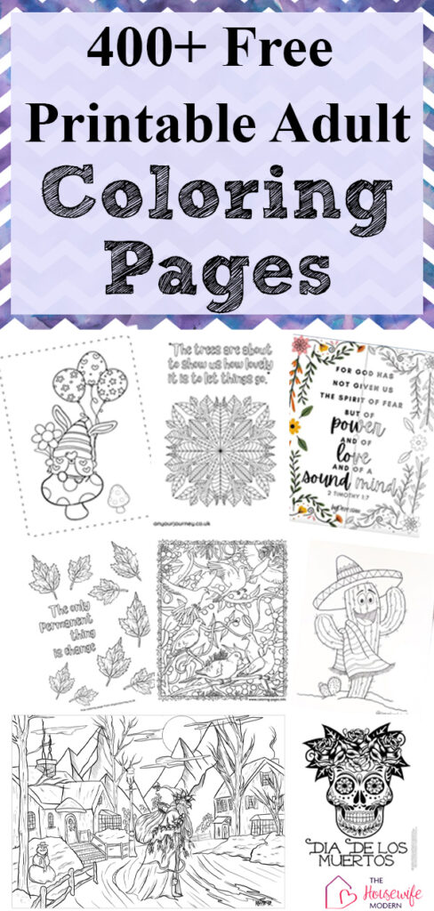 Pin image for free printable coloring pages for adults. Preview of 8 pages with text.