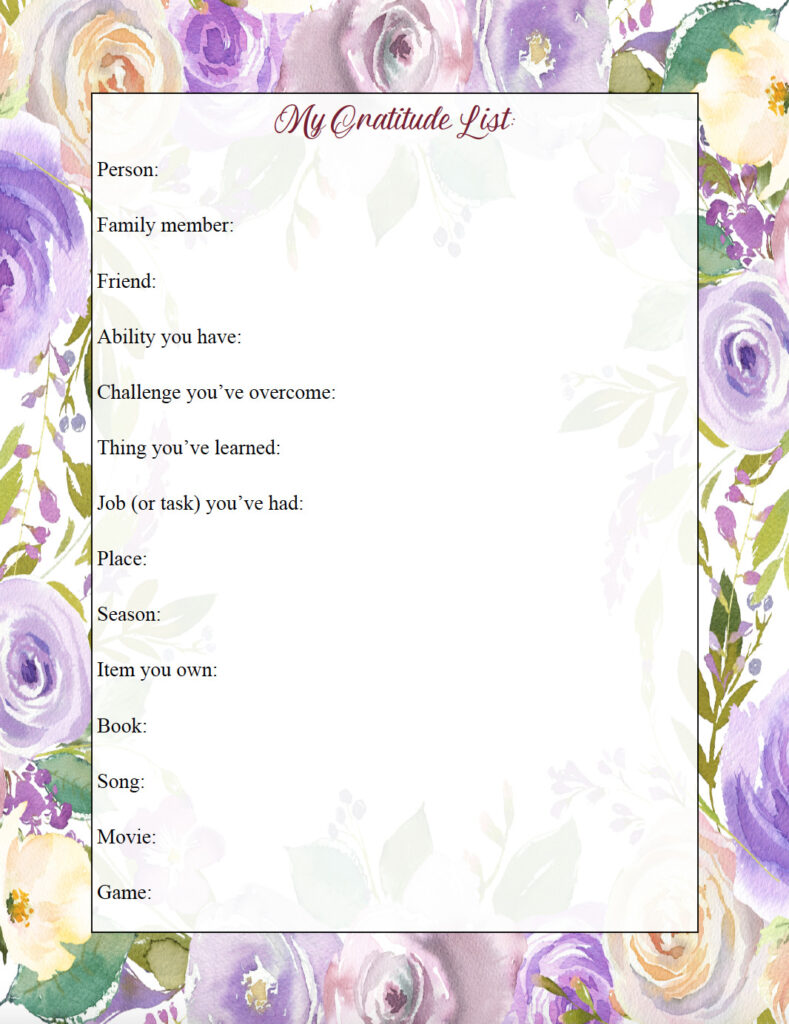 Free printable gratitude journal page. My gratitude list with pre-suggested topics.