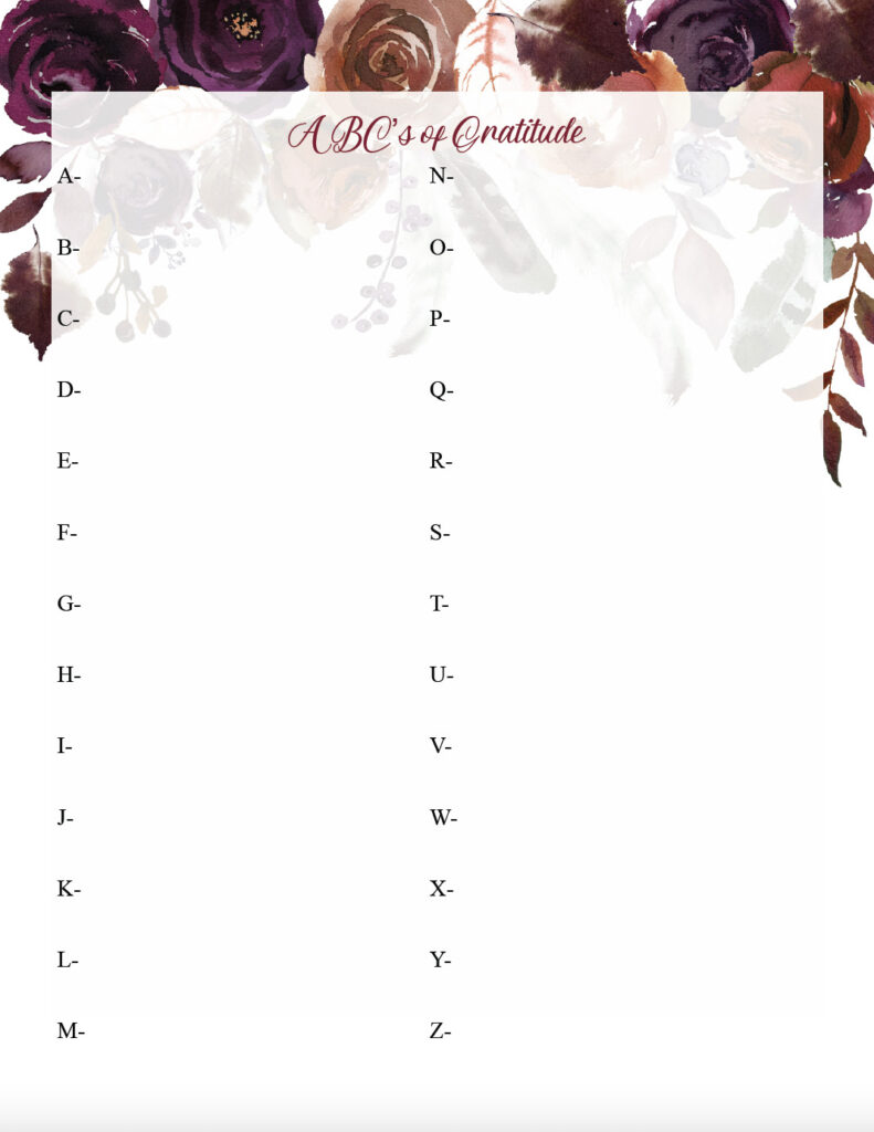 Free printable gratitude journal page. ABC's of gratitude