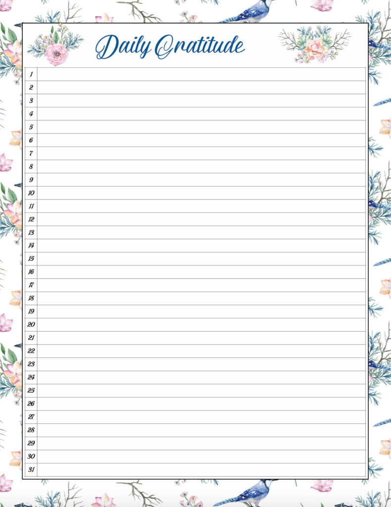 Free printable gratitude journal page. Monthly journal.