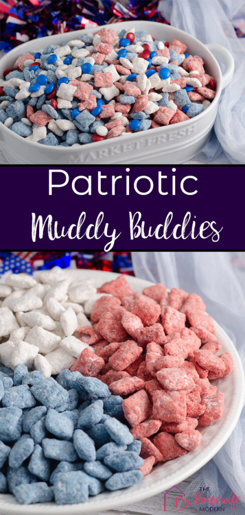 Pin image for patriotic muddy buddies. Two different images with text overlay.