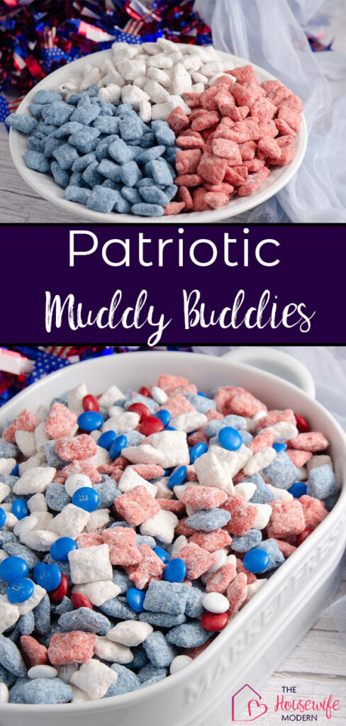 Pin image for patriotic muddy buddies. Two different images with text overlay.
