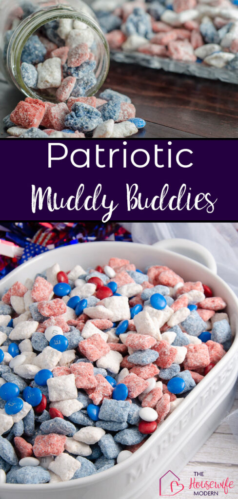 Pin image for patriotic muddy buddies. Two different images with text overlay.