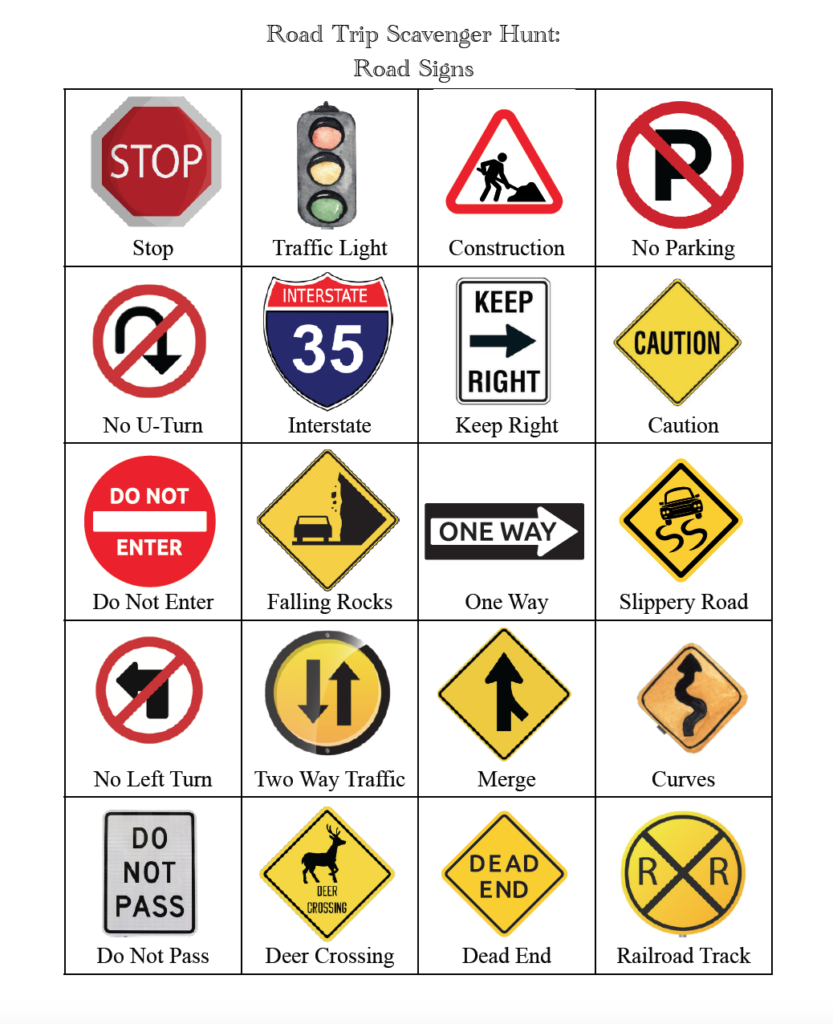 Free Printable Road Sign Scavenger Hunt