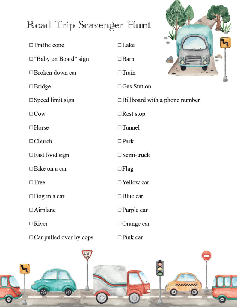 Free Printable Road Trip Scavenger Hunt- page 1