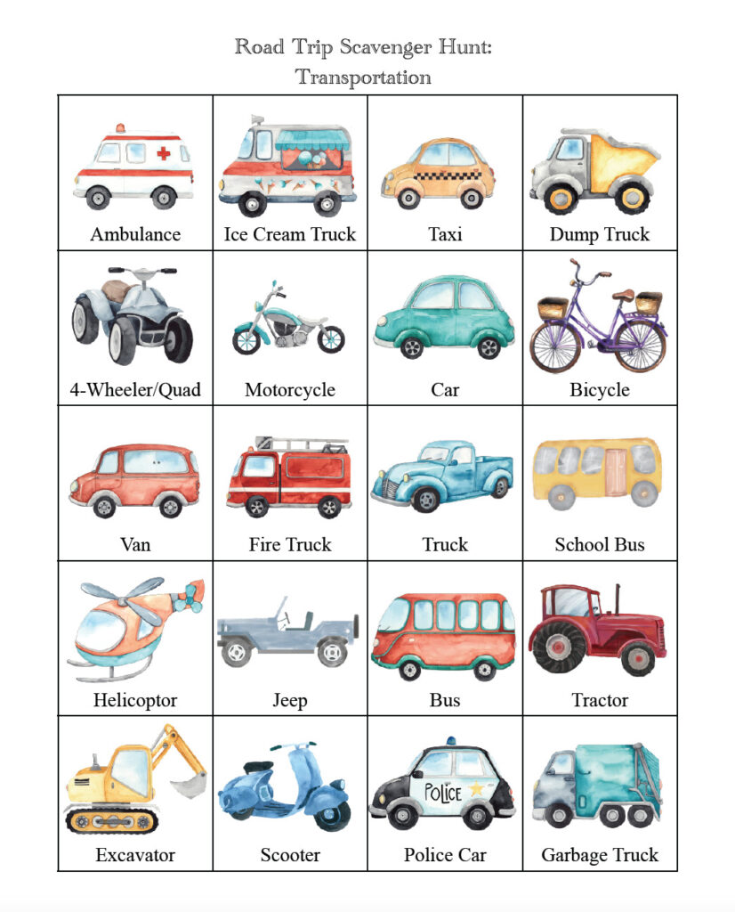 Free Printable Road Trip Scavenger Hunt: Vehicles & Transportation