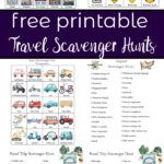 Pin image for free printable travel scavenger hunts- view of all 6 hunts and text overlay