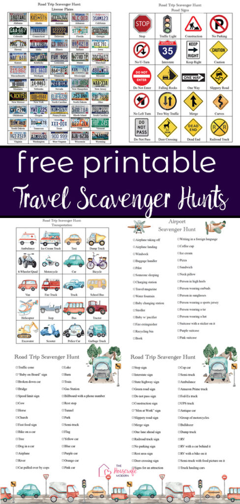 Pin image for free printable travel scavenger hunts- view of all 6 hunts and text overlay