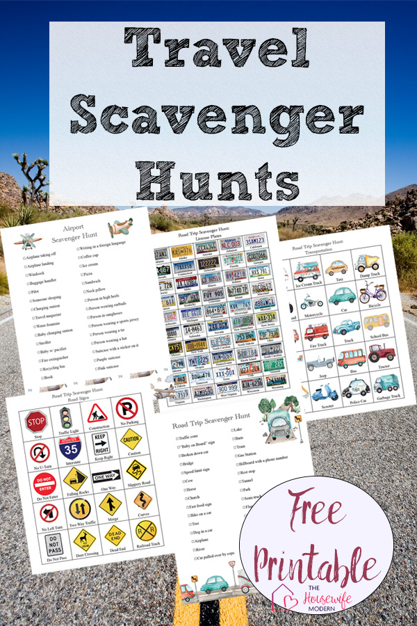 Pin image for free printable travel scavenger hunts- road in background. View of all 5 hunts with text.