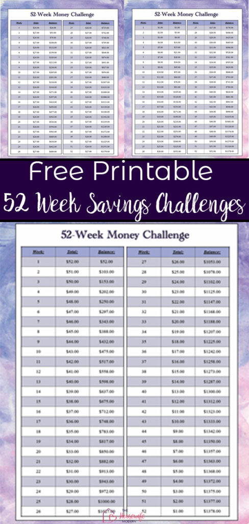 Pin image for free printable 52 week money challenge. Preview of all 3 challenges with text overlay