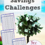 Pin image for free printable 52 week money challenge. Money tree in background, preview of all three challenges, & text overlay.