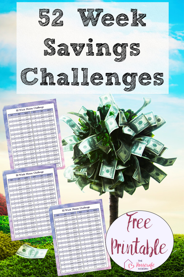 Pin image for free printable 52 week money challenge. Money tree in background, preview of all three challenges, & text overlay.
