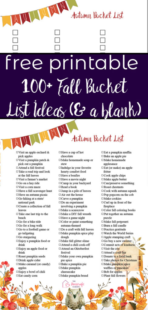Pin image for free printable fall bucket list. Preview of blank and pre-filled lists with text overlay.