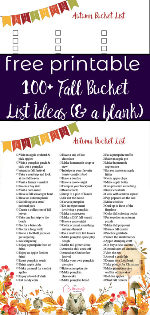 Pin image for free printable fall bucket list. Preview of blank and pre-filled lists with text overlay.