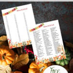 Pin image for free printable fall bucket list. Group of small squash on dark background. Preview of two lists plus text overlay.