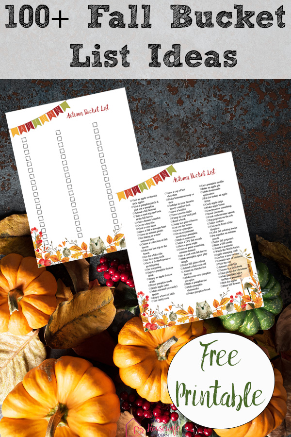 Pin image for free printable fall bucket list. Group of small squash on dark background. Preview of two lists plus text overlay.