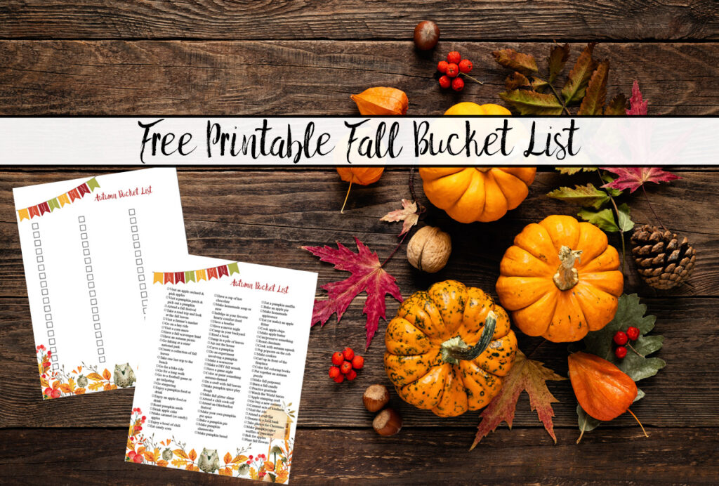 Featured image. Small pumpkin, acorn, walnut, pinecone, etc. on wood background. Preview of two free printable fall bucket lists.
