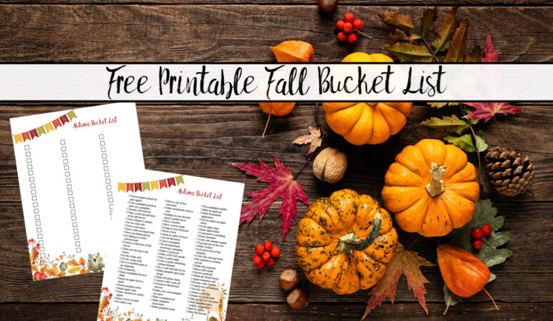 Featured image. Small pumpkin, acorn, walnut, pinecone, etc. on wood background. Preview of two free printable fall bucket lists.