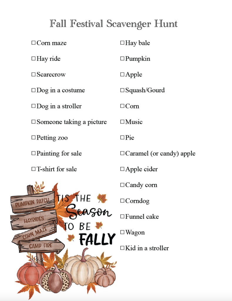 Free printable fall scavenger hunt: fall festival version
