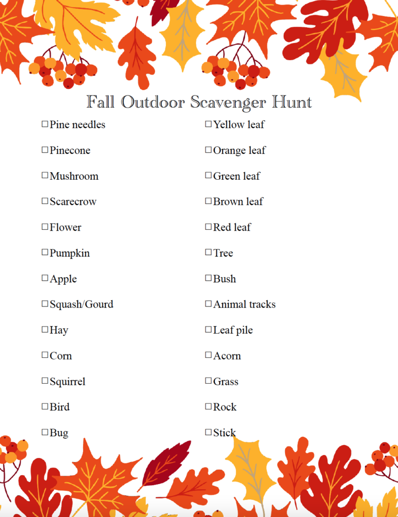 Free printable fall scavenger hunt: outdoor verison