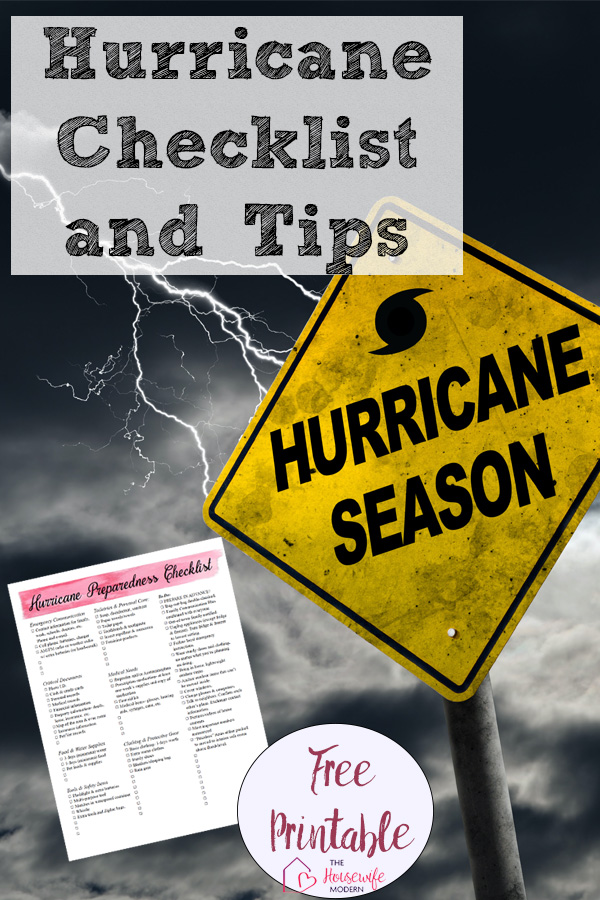 Pin image for Free Printable Hurricane Preparedness Checklist. Sign says hurricane season, preview of checklist, and text overlay.