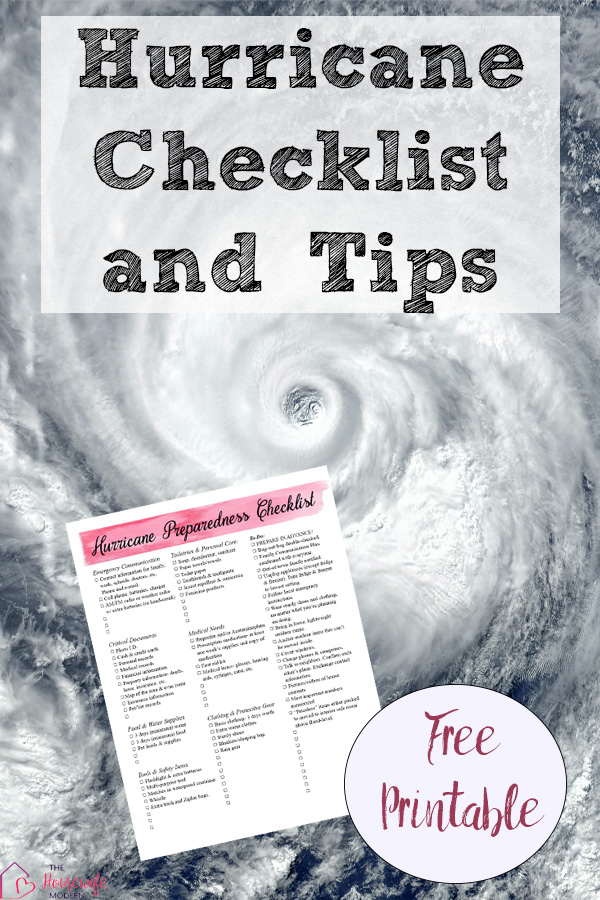 Pin image for Free Printable Hurricane Preparedness Checklist. Image of hurricane, preview of checklist, and text overlay.