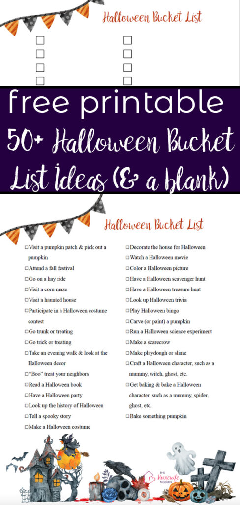 Pin image for free printable Halloween bucket list. Image of 2 lists with text overlay