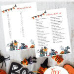 Pin image for free printable Halloween bucket list. Halloween decorations on white board, preview of lists, text overlay.