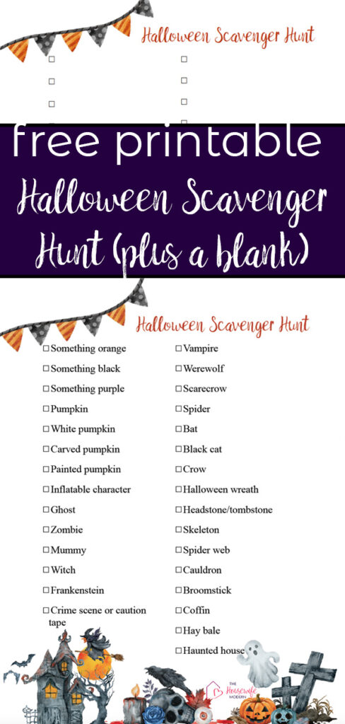 Pin image for free printable Halloween scavenger hunt. Preview of both hunts and text overlay.