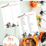 Pin image for free printable Halloween scavenger hunt. Halloween candy background, preview of two hunts, and text overlay.