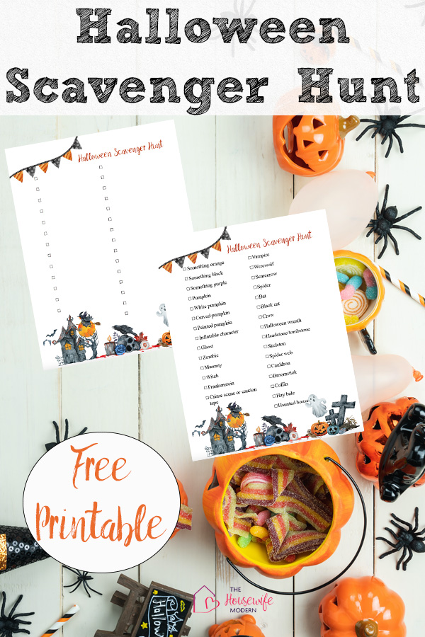 Pin image for free printable Halloween scavenger hunt. Halloween candy background, preview of two hunts, and text overlay.