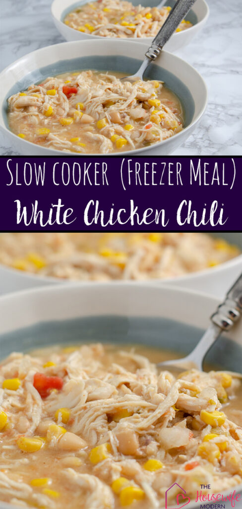 Pin image for slow cooker white chicken chili. Two images of chili with text overlay.
