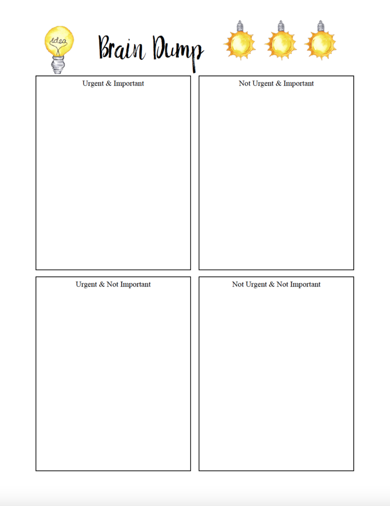 Eisenhower matrix brain dump worksheet.