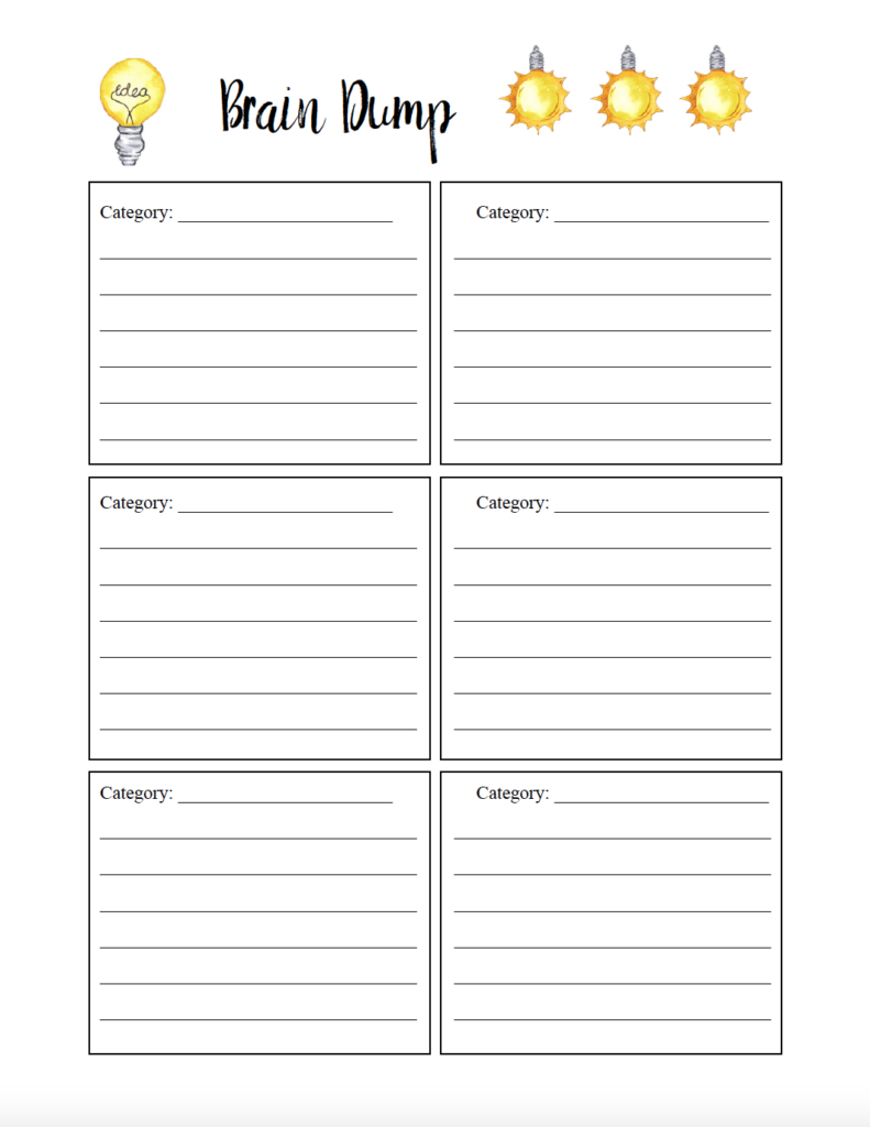 Categorized brain dump worksheet.