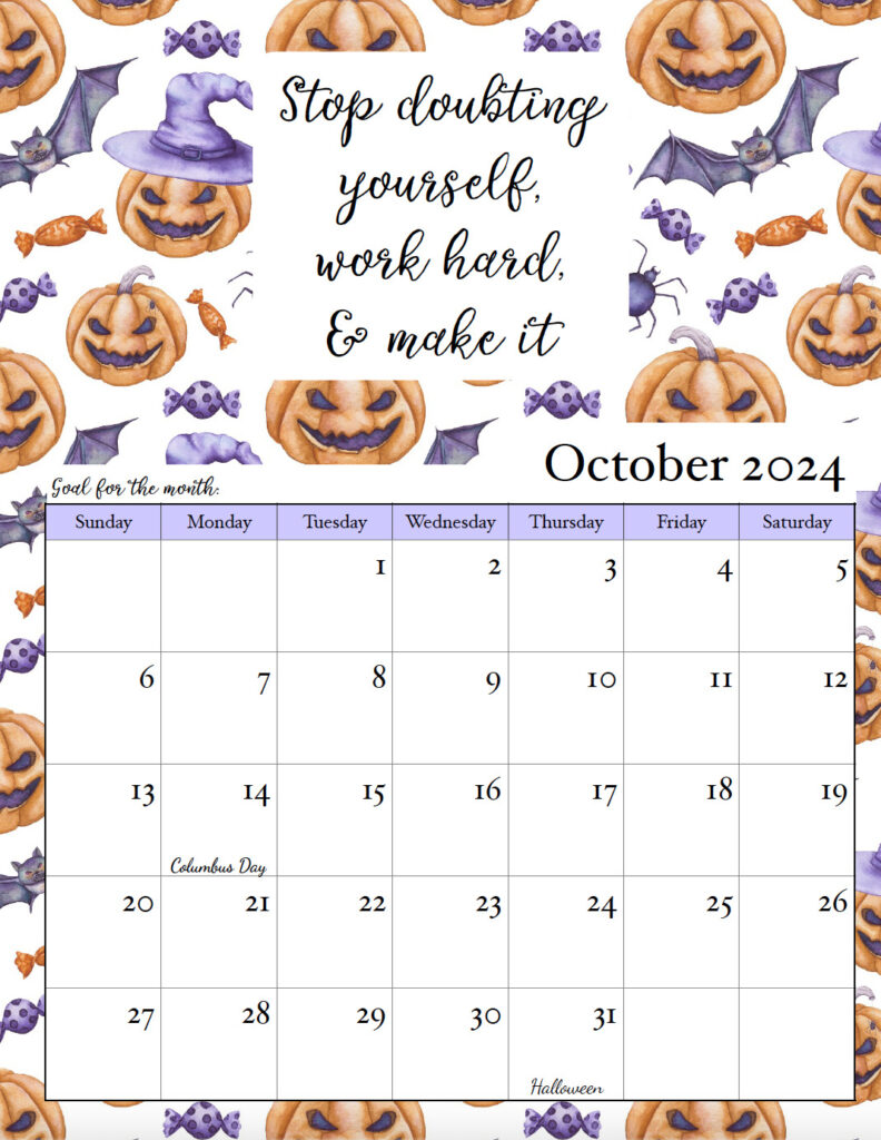 October 2024 free printable monthly motivational calendar